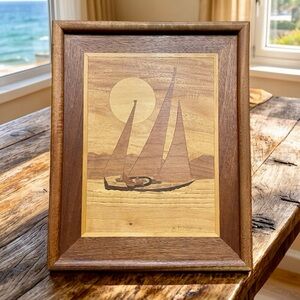 Vintage Wood Inlay Sailboat Nautical Ship Sea Wall Art Inlaid Marquetry Signed